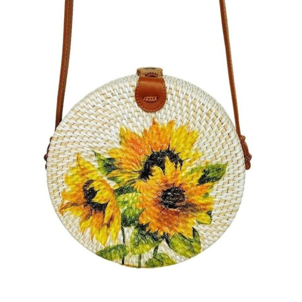 Hand Woven Rattan & Leather Boho Floral Sunflowers Crossbody Shoulder Bag Purse